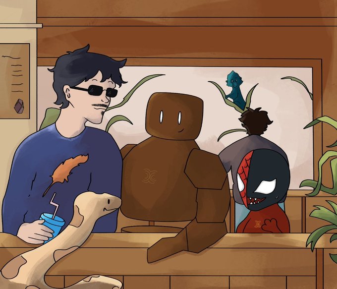 Cartoon illustration of a person in sunglasses, a brown blocky robot, and a red-and-black masked figure sitting at a counter with a seahorse and lizard, in a shop setting.