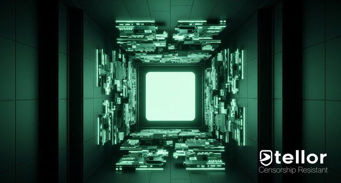 A futuristic green-tinted digital corridor with a glowing doorway and the logo 'tellor Censorship Resistant' in the bottom right corner.