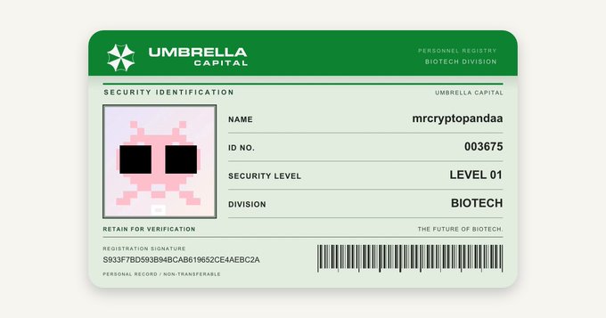 A green Umbrella Capital security identification card features a pixelated pink rabbit avatar, ID No. 003675, Level 01 security clearance, Biotech Division, and the name 'mrcryptopandaa'.