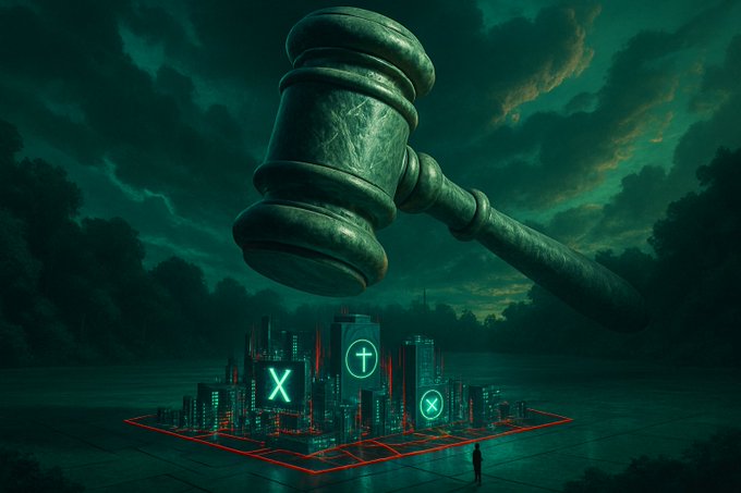 A massive green gavel looms ominously over a futuristic cityscape featuring a "X" and "t" symbol, while a tiny figure stands beneath, symbolizing the looming threat of a $35 million attack spree on three protocols. The image evokes the heavy hand of justice or consequences hanging over the crypto space amid the recent 24-hour wave of exploits.