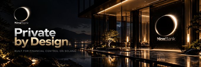 An advertisement for 'NoxBank' displaying the tagline 'Private by Design. BUILT FOR FINANCIAL CONTROL ON SOLANA' alongside a luxurious modern villa with a swimming pool and mountain view.