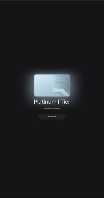 Mobile app screen displaying 'Platinum I Tier' unlocked notification with a Continue button on a black background.