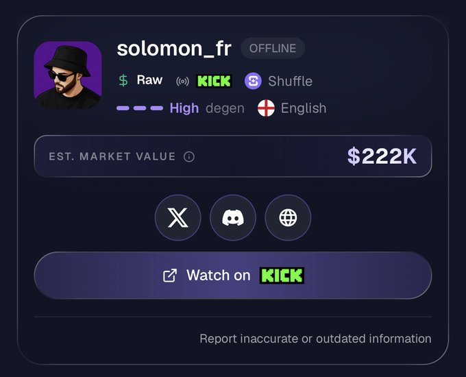 A user profile card for 'solomon_fr' (OFFLINE) with tags including Raw, KICK, Shuffle, High degen, and English, showing an estimated market value of $222K and links to X, Discord, and a personal website.