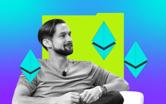 The black-and-white photo shows David Hoffman, co-founder of Bankless, smiling while seated, surrounded by stylized Ethereum diamond logos against a vibrant blue and yellow background. The image ties to the post about his portfolio rotation insights, with the Ethereum symbols likely referencing the crypto ecosystem themes discussed in his commentary on $ZEC and $NEAR.