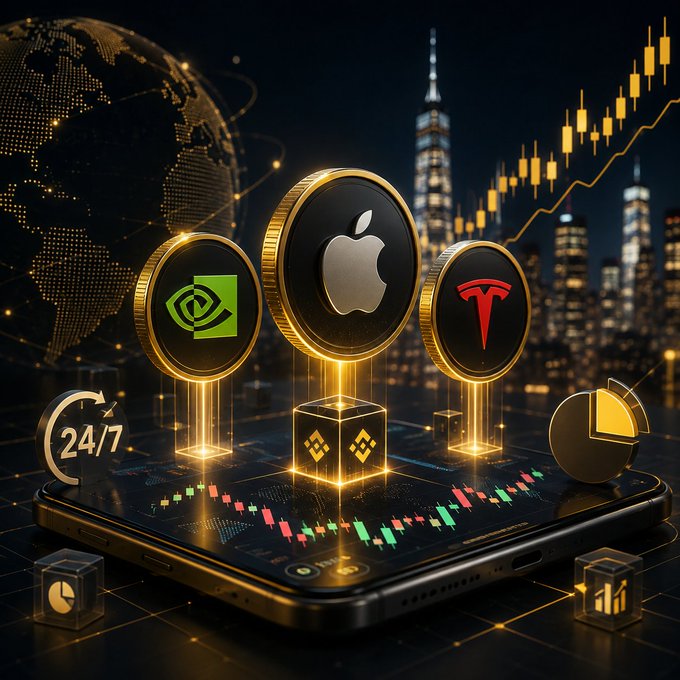 The image features three golden coins displaying the Apple, NVIDIA, and Tesla logos floating above a smartphone displaying stock and cryptocurrency trading charts, with a cityscape, globe, and a "24/7" badge in the background. This visually represents the post's theme of tokenized stocks, illustrating how major tech companies like Apple, Tesla, and NVIDIA can now be traded like cryptocurrencies around the clock.