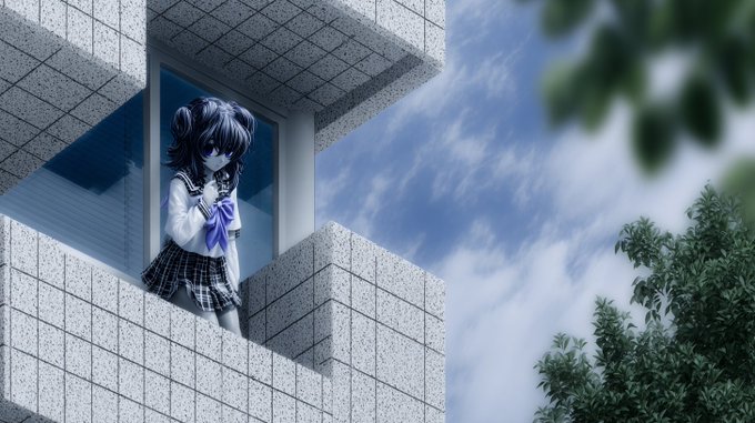 Anime-style illustration of a girl with dark hair wearing a school uniform standing on the balcony of a tiled building against a blue sky with green foliage.