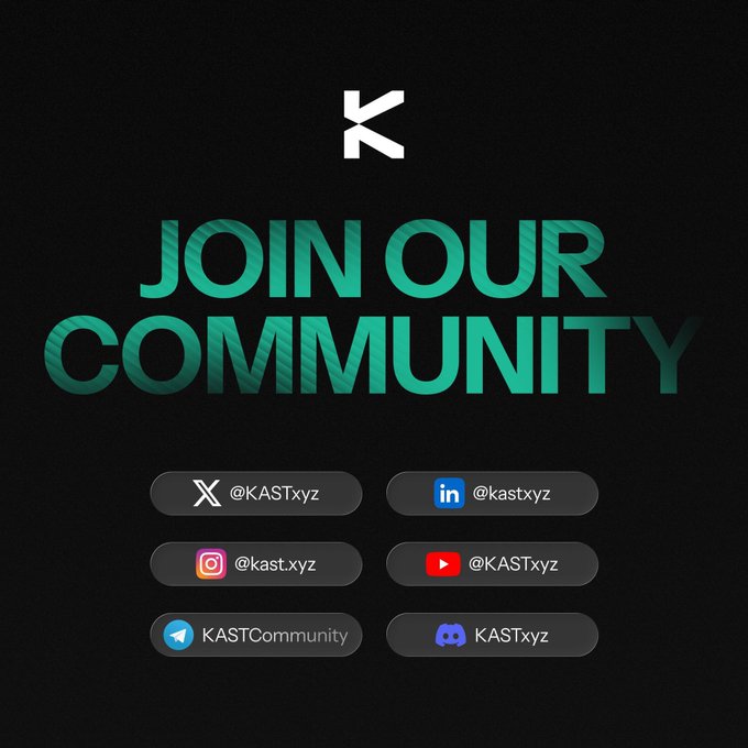 A promotional graphic with a black background featuring a 'K' logo and 'JOIN OUR COMMUNITY' text in teal, listing social media handles: X @KASTxyz, Instagram @kast.xyz, YouTube @KASTxyz, LinkedIn @kastxyz, Telegram KASTCommunity, and Discord KASTxyz.