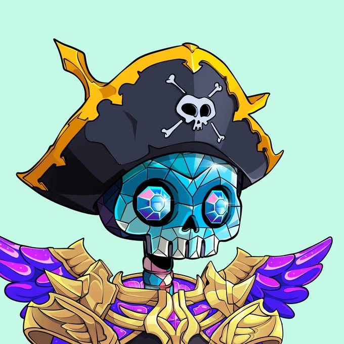 A cartoon NFT-style illustration of a skeletal pirate character wearing a gold-trimmed hat with a skull and crossbones, glowing cyan gemstone eyes, and golden armor with purple wings.