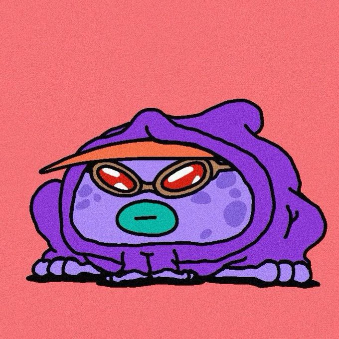 A colorful cartoon illustration of a purple frog-like creature wearing an orange visor and red-tinted goggles, set against a solid coral-pink background.