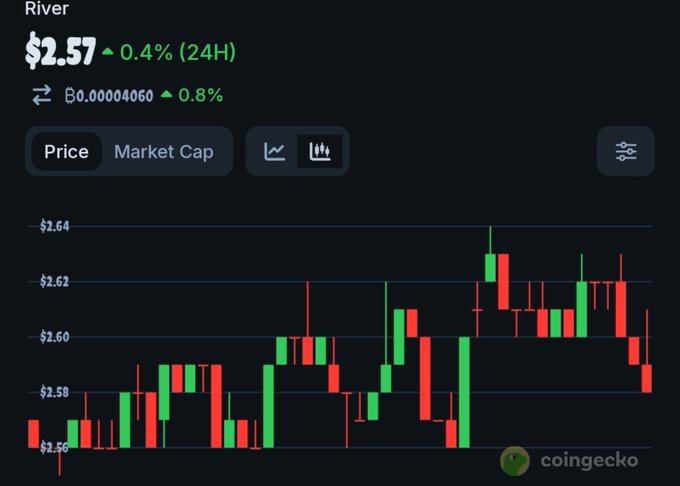 A CoinGecko price chart for the cryptocurrency 'River' showing a current value of $2.57, up 0.4% over 24 hours, with Bitcoin (B0.00004060) up 0.8%.
