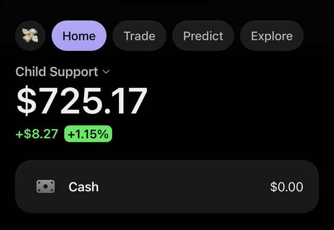 A Robinhood portfolio screenshot shows a "Child Support" account holding $725.17 (+$8.27, +1.15%) in a cash balance of $0.00, with $SOL as the referenced holding in the post.