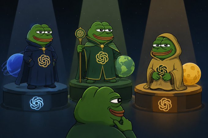 A cartoon image shows three Pepe the Frog figures dressed as hooded sages/priests standing on pedestals, each holding a different planet (a blue ringed planet, Earth, and the Moon) and wearing robes emblazoned with the OpenAI logo, while a fourth Pepe in the foreground looks up thoughtfully. The image humorously illustrates the post's joke about OpenAI's newly released GPT-5.6 models being named Sol, Terra, and Luna—evoking the infamous 2022 Terra/Luna crypto crash that gave crypto investors PTSD, with the sage-like Peopes representing the three "celestial" AI models.
