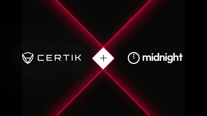 A promotional graphic showing the Certik and Midnight logos connected by a white plus sign against a black background with red X-shaped laser lines.
