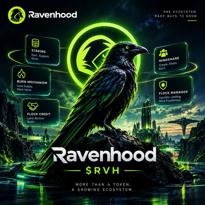 A promotional graphic for 'Ravenhood ($RVH)' featuring a stylized black raven with green glowing eyes perched on a rock, surrounded by feature cards labeled 'Staking', 'Burn Mechanism', 'Flock Credit', 'Mindshare', and 'Flock Manager' against a dark futuristic cityscape.