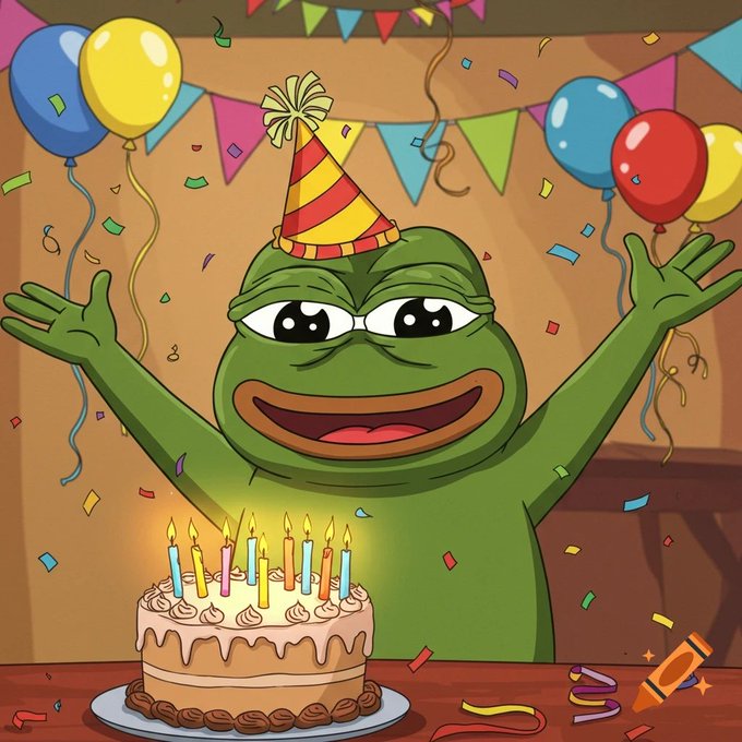 A cheerful green cartoon frog character wearing a red and yellow striped party hat celebrates in front of a birthday cake with lit candles, balloons, and streamers. The festive image of the smiling Pepe-style frog ties into the celebratory tone of the post asking for NFT birthday gift recommendations.