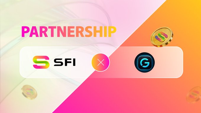 A partnership announcement graphic featuring the SFI logo on the left and a 'G' logo on the right, connected by an 'X' symbol, with the word 'PARTNERSHIP' displayed at the top.