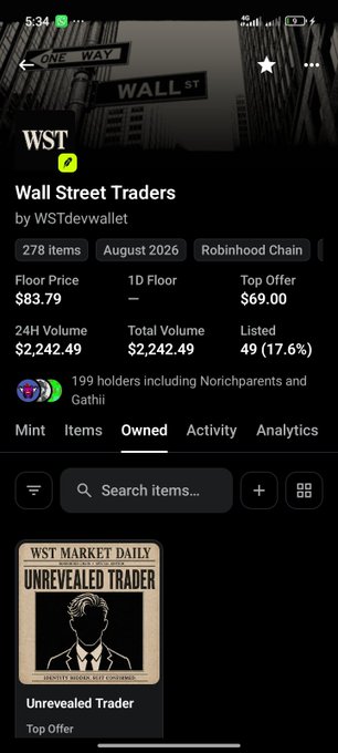A mobile app screenshot showing 'WST' (Wall Street Traders by WSTdevwallet) on the Robinhood Chain, displaying stats like a floor price of $83.79, top offer of $69.00, and 278 items.