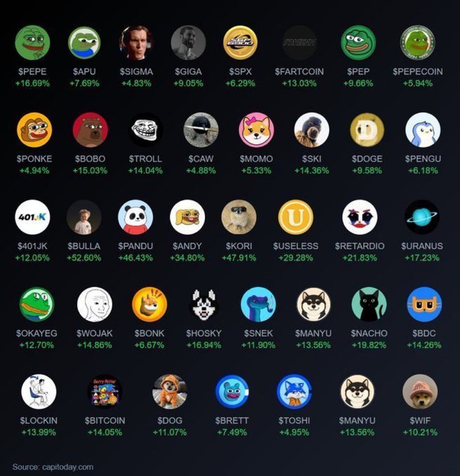 A grid displaying various meme cryptocurrencies on a dark background, showing tickers like $PEPE, $SIGMA, $PONKE, $401.K, $WOJAK, and $LOCKIN, each with its respective percentage increase, sourced from capitoday.com.