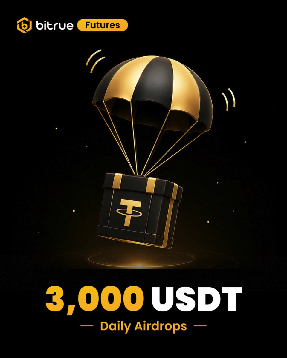 The image features a poster for the Bitru event with an image that shows three boxes being lifted into the air by a parachute over a black background, surrounded by white stars against the backdrop of a night sky. The title of the event appears as "Daily Airdrops". Below the images, there is text that reads: 
"3,000 $USDT in Daily Airdrops. Every single day. Trade Futures during the #bitru Crypto World Cup and compete for your share of daily rewards throughout the tournament."