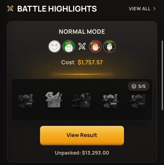 The image shows a "Battle Highlights" Normal Mode result screen with a Cost of $1,757.57 and Unpacked value of $13,293.00, alongside player icons and 5/5 stacked item slots. This relates to the "Yo what is that? Soon for GANG" post by showcasing a lucrative unboxing win that the user is excited to share with their group.