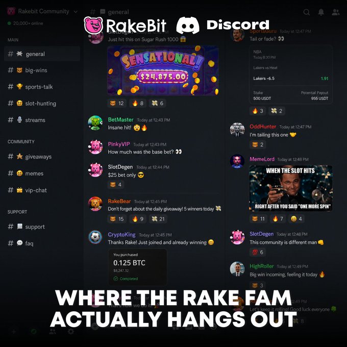A screenshot of the RakeBit Discord community with gambling and sports chat channels, captioned 'WHERE THE RAKE FAM ACTUALLY HANGS OUT'.