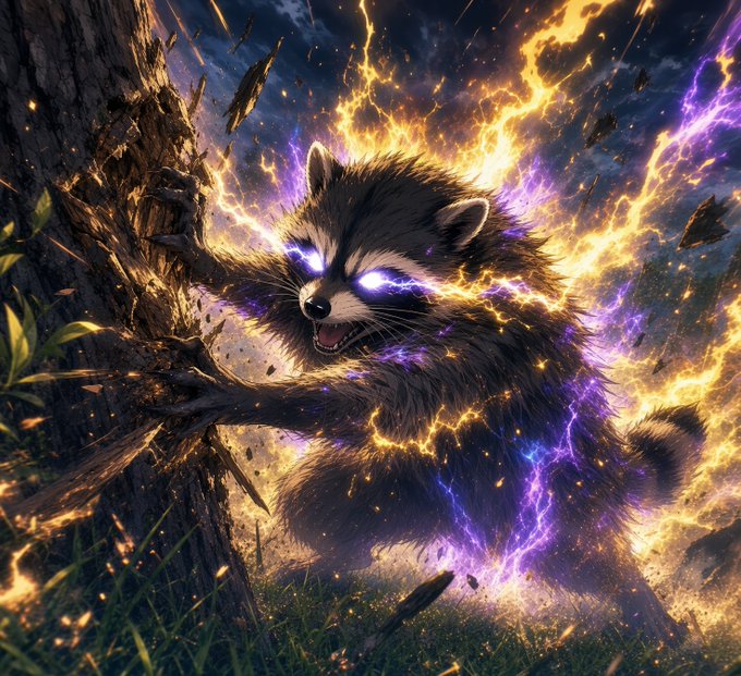 A dramatic digital illustration of an angry raccoon with glowing purple eyes, surrounded by swirling purple and orange energy and floating debris.