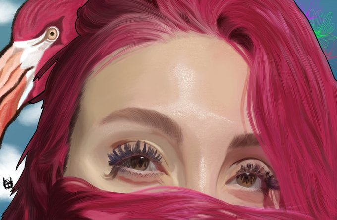 A close-up digital illustration of a woman with vibrant pink hair and matching pink eyelashes, wearing a pink face covering, with a pink flamingo visible in the background.