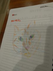 A child's colorful crayon drawing of a cat's face on lined notebook paper, dated '2025.6.10', with 'OSCAR' written in the top right corner and what appears to be 'Mimi' written in the top left.