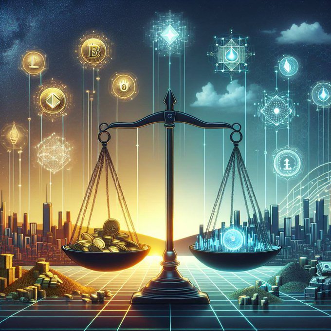 A glowing balance scale weighs gold coins and cryptocurrencies on one side against a futuristic digital city on the other, symbolizing the comparison between traditional and decentralized finance. Floating crypto icons including ETH and other tokens appear around the scale, representing the contrast between legacy and emerging blockchain infrastructure.