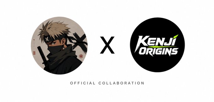 Official collaboration announcement graphic between an anime-style character and the 'Kenji Origins' logo, with text reading 'OFFICIAL COLLABORATION'.