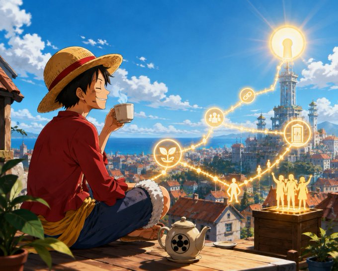 An anime-style illustration of Monkey D. Luffy from One Piece drinking tea on a rooftop, with glowing icons representing growth, connections, and ideas floating toward a bright light.