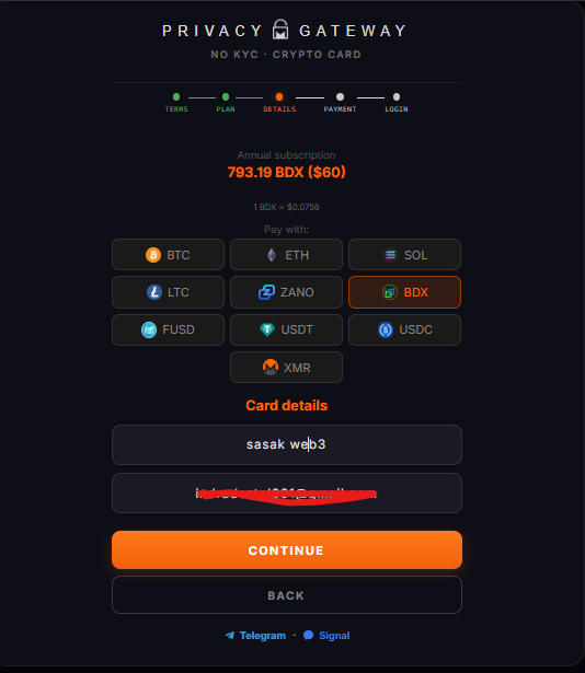 A screenshot of a crypto payment page for 'PRIVACY GATEWAY - NO KYC - CRYPTO CARD', showing an annual subscription of 793.19 BDX ($60) with various cryptocurrency payment options.