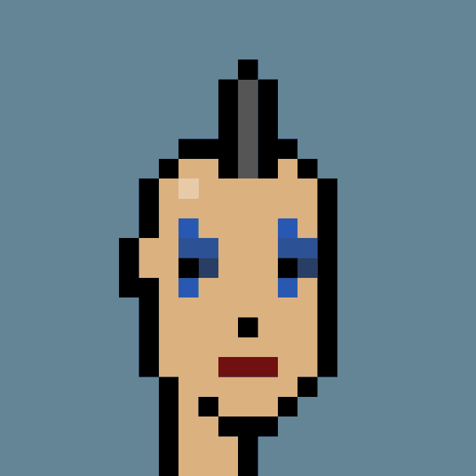 A pixel art portrait of a stylized humanoid figure with a distinctive black mohawk, blue eyes, and a small mustache, set against a blue background. The image represents Cryptopunk #4972, which was purchased for 32.50 ETH (approximately $51,014) by craigschlanger.eth.