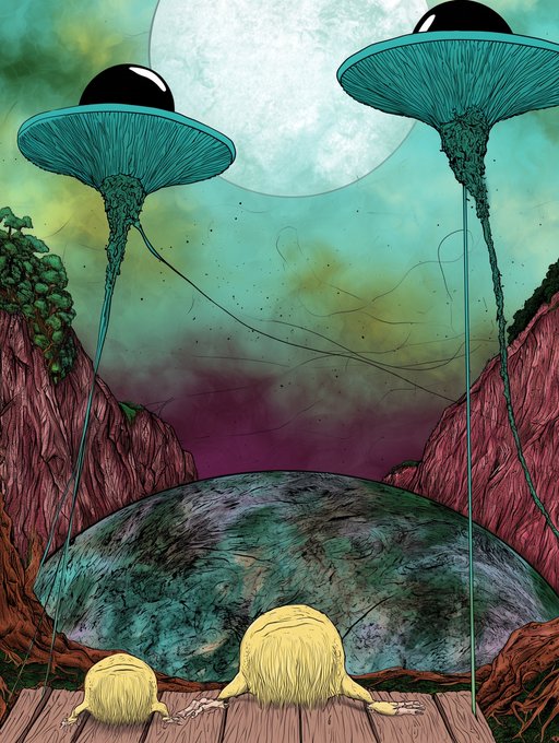 A surreal illustration depicting two yellow creature-like figures viewing a large dome-shaped object in an alien landscape with giant mushroom-shaped structures and a moon in the background.