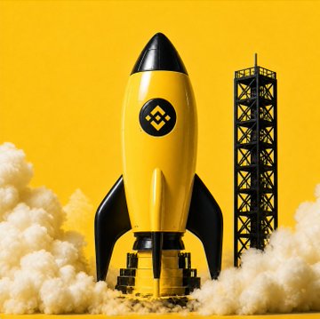 A yellow and black rocket with the Binance logo displayed against a yellow background, with a green candlestick chart visible behind it.