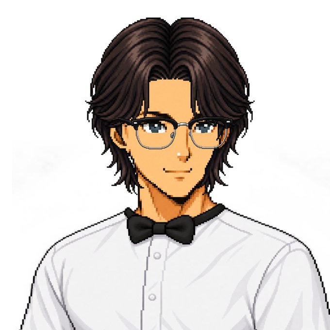 A pixel art portrait of a young man with brown hair and glasses, wearing a white shirt and a black bowtie.