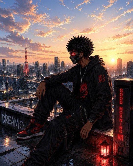 A cyberpunk-style illustration of a masked figure with spiky hair sitting on a rooftop overlooking Tokyo at sunset, with Tokyo Tower visible and graffiti reading 'DREAM' and a 'GOOD MORNING' neon sign.