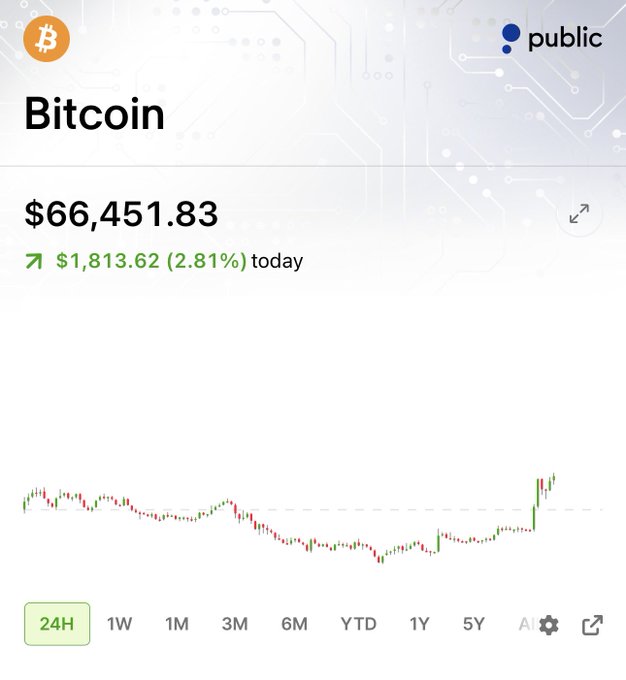 A screenshot from Public.com shows Bitcoin (BTC) trading at $66,451.83, up $1,813.62 (2.81%) over the past 24 hours, with a candlestick chart depicting a notable upward trend on the right side—capturing the celebratory "atta boi" sentiment of Bitcoin's price surge.