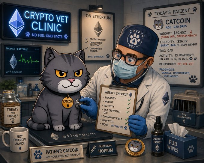A humorous AI-generated illustration of a 'Crypto Vet Clinic' where a veterinarian examines a gray cat patient named 'Catcoin,' with satirical elements like a heartbeat monitor showing Ethereum's price, a checklist for liquidity, weight, and activity, and products like 'FUD Wipes' and 'Liquidity Boost.'
