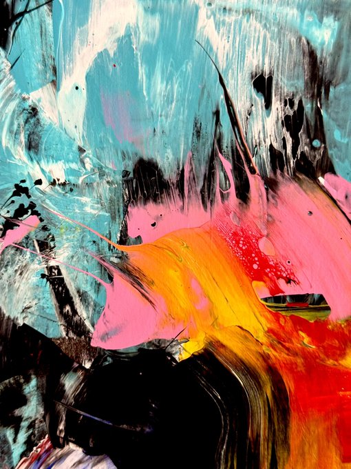 An abstract painting featuring vibrant splashes and streaks of teal, pink, yellow, red, and black paint with expressive brushwork.