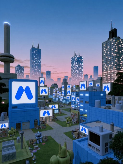 A digital illustration depicts a stylized blue-toned cityscape at dusk, where buildings, billboards, and machinery all prominently display the Avalanche (AVAX) cryptocurrency logo.