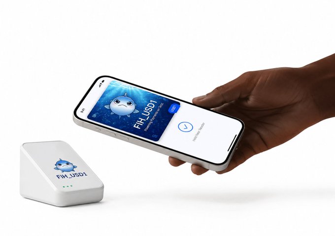 A hand holding a smartphone displaying the Fishcoin USDT app interface next to a white Fishcoin USDT card reader/payment terminal device.