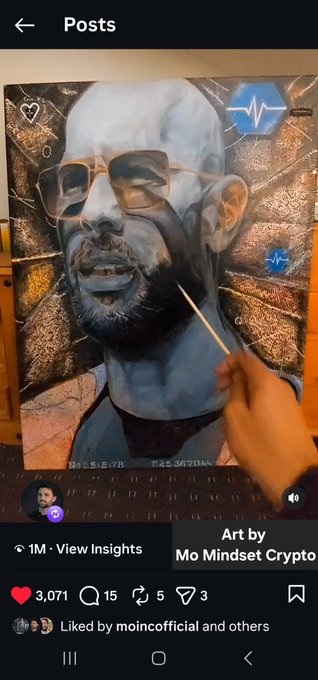 A hand holds a paintbrush, working on a detailed, blue-toned painting of Andrew Tate wearing sunglasses, displayed on a screen with a 1M view counter visible. The caption by Mo Mindset Crypto highlights the artwork's viral success, noting over 600 hours of meticulous work with diamond dust and infused minerals, along with hidden Tate quotes, aligning with the image's showcase of this labor-intensive PulseChain-themed piece.