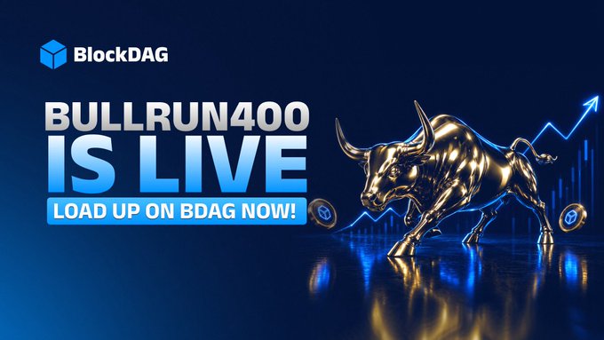 A sleek blue and gold promotional graphic for BlockDAG features a charging golden bull alongside the bold announcement "BULLRUN400 IS LIVE—LOAD UP ON BDAG NOW!", visually reinforcing the campaign's message to "Get 400% Extra BDAG" using promo code BULLRUN400 ahead of global launch.
