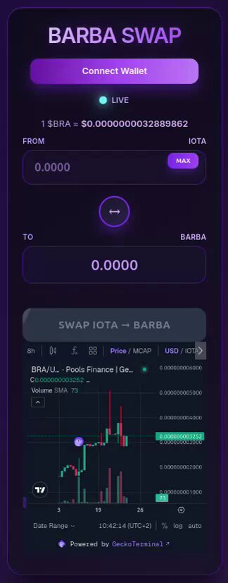 The image shows a purple screen with a lot of text, including a description of a cryptocurrency called "swap" that connects to a wallet named "Barba swap". The text also mentions a connection to a pool of finance, which could be related to the swap or another type of financial activity.