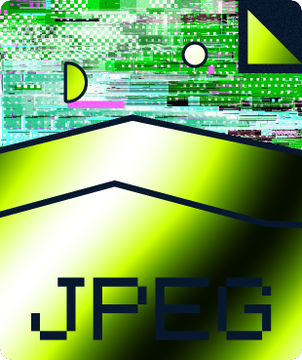 A distorted digital glitch artwork in green and yellow shows corrupted imagery with the text 'JPEG' at the bottom.