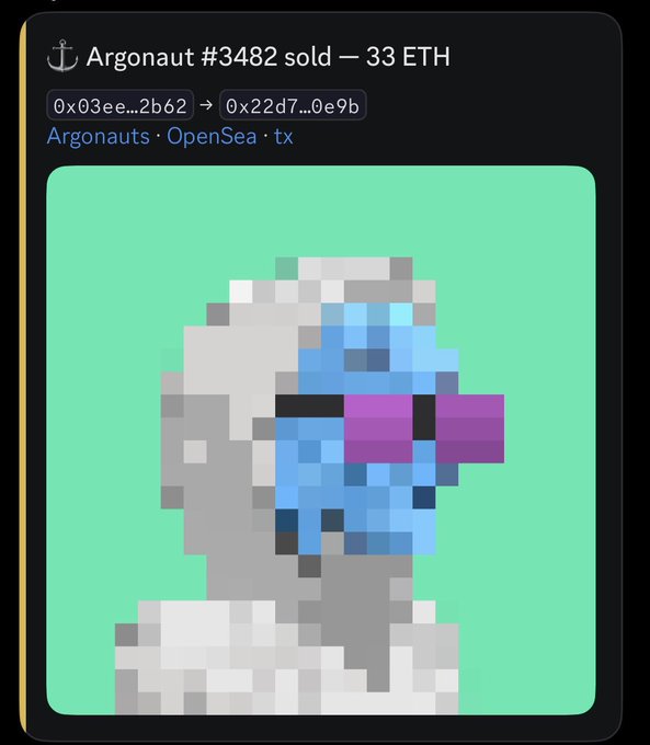 An NFT listing showing "Argonaut #3482 sold — 33 ETH" from the Argonauts collection on OpenSea, featuring a pixel art character with blue skin, purple sunglasses, and a white helmet on a teal background.