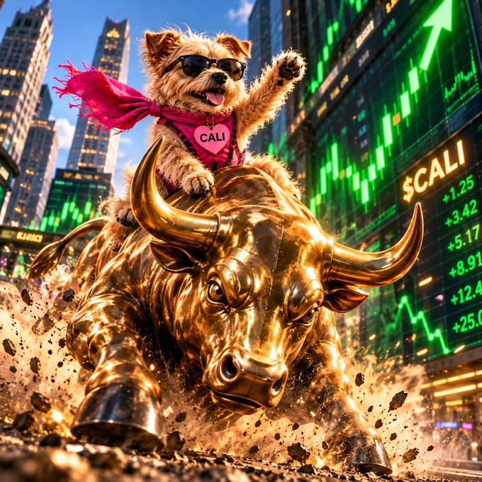 Surreal digital artwork of a small Yorkshire terrier wearing sunglasses and a pink 'CALI' bandana riding on top of a golden charging bull statue, with green stock chart displays and a '$CALI' ticker visible in the background.