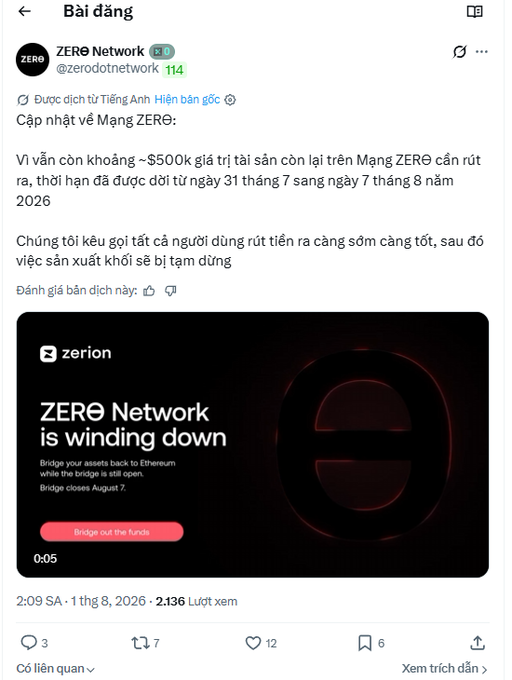 A social media post from ZERO Network (@zerodotnetwork) announcing that the deadline for withdrawing remaining assets on the ZERO Network has been extended from July 31 to August 7, 2026, with a warning that production will halt afterward.
