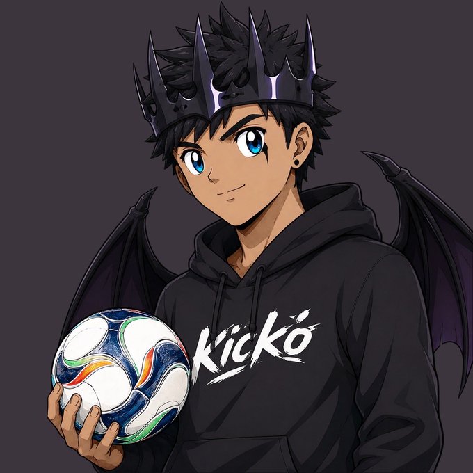 An anime-style character with black spiky hair, a spiked crown, bat-like wings, and blue eyes wearing a black hoodie with "Kicko" written on it, holding a soccer ball. The hoodie text matches the giveaway host @kicko1WC, representing the featured brand or personality running the prize draw.
